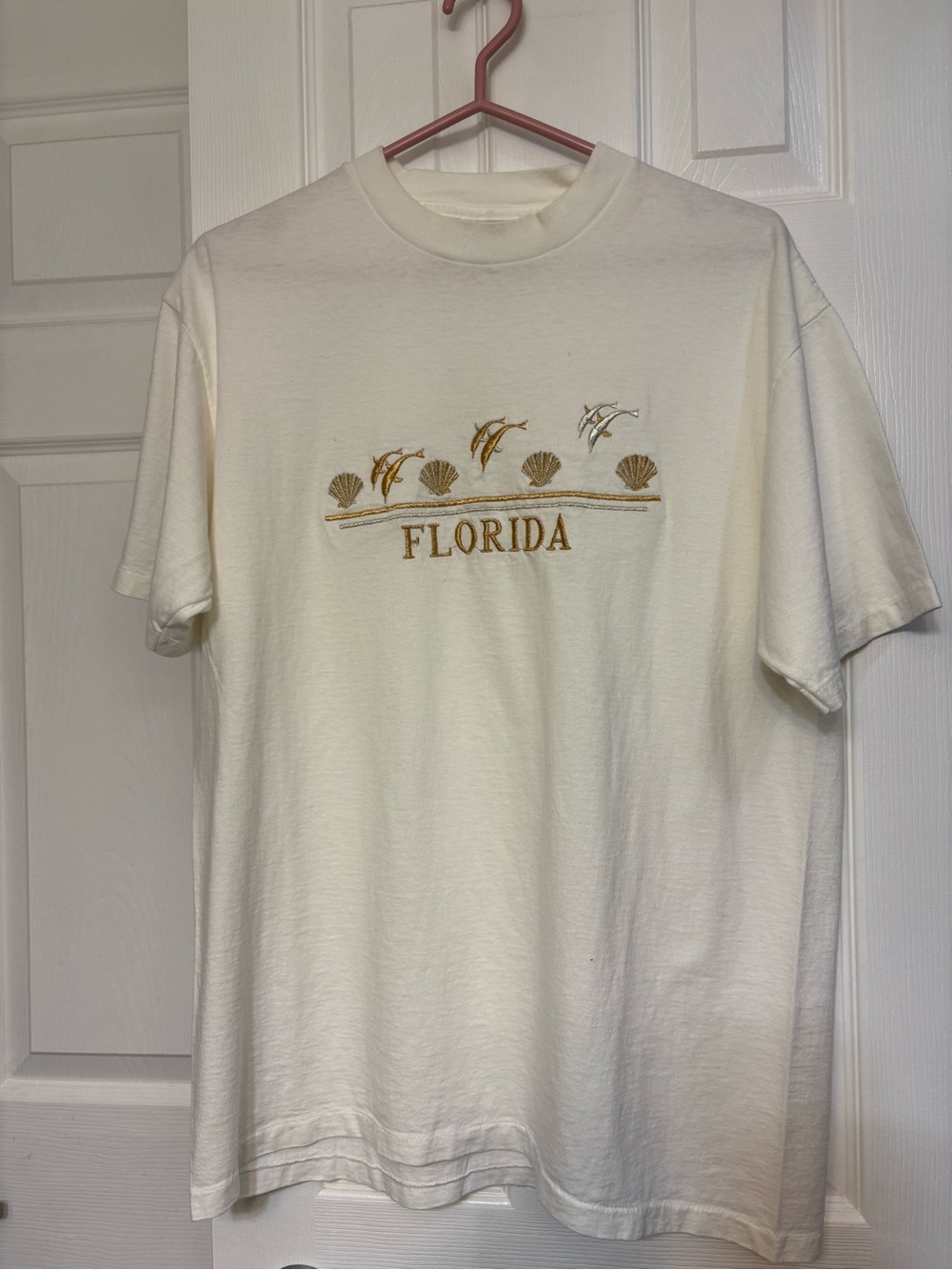 Men Sz L Florida Gold Embroider White Short-Sleeve T-Shirt Single Stitch VTG